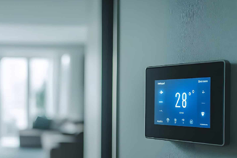Smart thermostat displaying 28 degrees Celsius indoors.